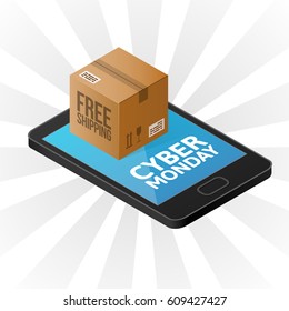 Cyber Monday background. Isometric smartphone with cardboard box sealed with Tape Dispenser. Online shopping, Free delivery concept. Sale, e-commerce, retailing, discount theme. Vector illustration.
