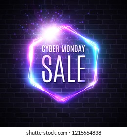 Cyber monday background with neon light vintage frame. Hexagon logo on blue dark brick wall. 3d geometric shapes vector street sign. Discount card for sale event Cyber monday vector text. Illustration