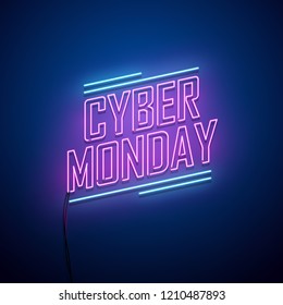 Cyber Monday background. Neon sign. Vector illustration. 