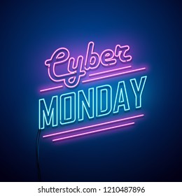 Cyber Monday background. Neon sign. Vector illustration. 