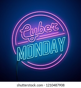 Cyber Monday background. Neon sign. Vector illustration. 