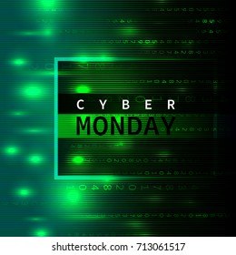 Cyber Monday background in style matrix with bright flashes, lines and numbers
