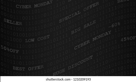 Cyber monday background of zeros, ones and inscriptions in black and gray colors