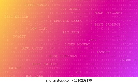 Cyber monday background of zeros, ones and inscriptions in purple and yellow colors