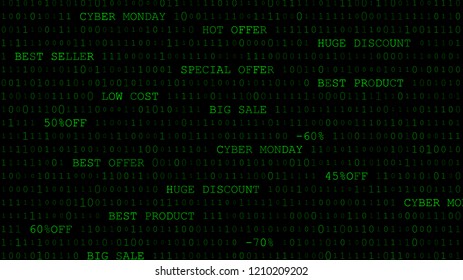 Cyber monday background of zeros, ones and inscriptions in dark green colors