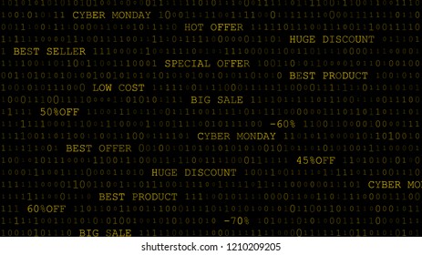 Cyber monday background of zeros, ones and inscriptions in dark yellow colors