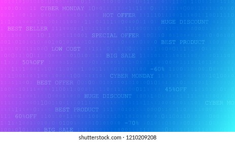 Cyber monday background of zeros, ones and inscriptions in purple and blue colors