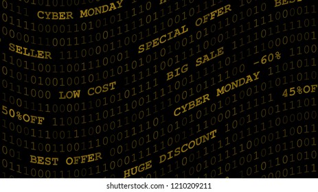 Cyber monday background of zeros, ones and inscriptions in dark yellow colors