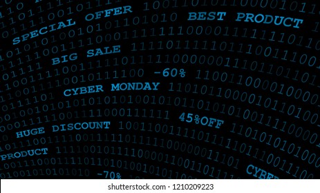 Cyber monday background of zeros, ones and inscriptions in dark blue colors