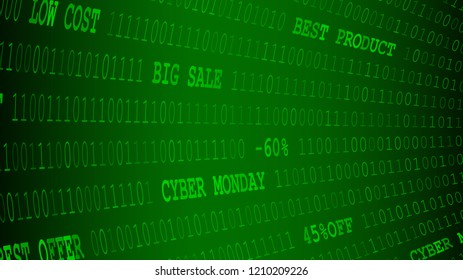 Cyber monday background of zeros, ones and inscriptions in green colors