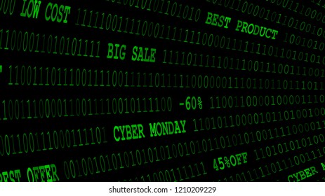 Cyber monday background of zeros, ones and inscriptions in dark green colors