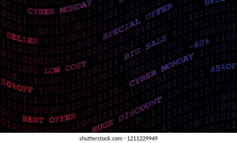 Cyber monday background of zeros, ones and inscriptions in dark red and purple colors