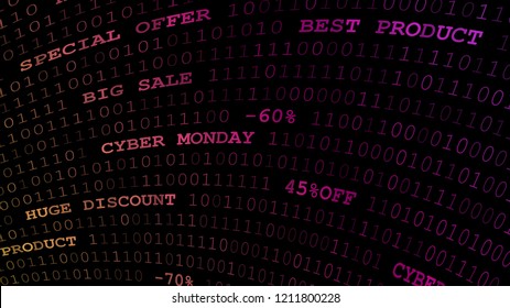 Cyber monday background of zeros, ones and inscriptions in dark purple colors