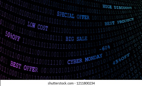 Cyber monday background of zeros, ones and inscriptions in dark blue colors