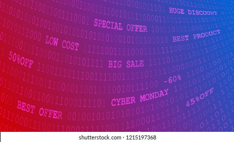 Cyber monday background of zeros, ones and inscriptions in purple and blue colors