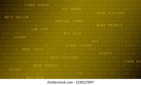 Cyber monday background of zeros, ones and inscriptions in yellow colors