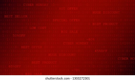 Cyber monday background of zeros, ones and inscriptions in red colors