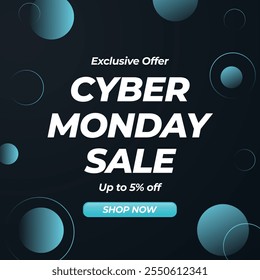 Banner Cyber Monday Com até 5% de desconto. Cyber Monday Modelo de design de banner de venda para publicidade, web, mídias sociais. Ilustração vetorial. Oferta exclusiva. Compre agora.