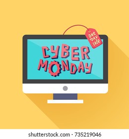 Cyber Monday banner. Computer display with Cyber Monday title. One day Sale. Vector illustration.  