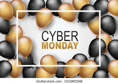 Cyber Monday banner design template. Big sale advertising promo concept with balloons and typography text in a frame. Vector illustration.