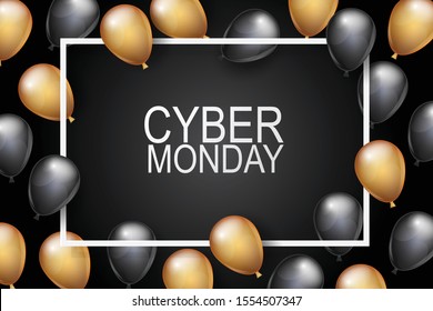 Cyber Monday banner design template. Big sale advertising promo concept with balloons and typography text in a frame. Vector illustration.