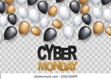 Cyber Monday banner design template. Big sale advertising promo transparent overlay concept with balloons and space for custom text. Website or magazine decoration. Vector illustration.