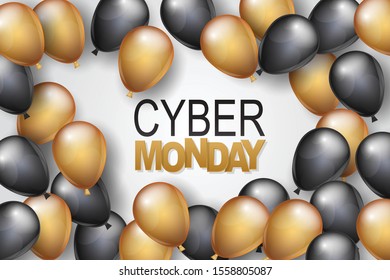 Cyber Monday banner design template. Big sale advertising promo concept with balloons and typography text. Vector illustration.