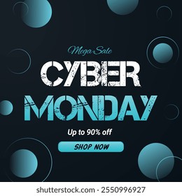 Cyber Monday Banner Design Vorlage für Werbung, Web und Social Media. Bis zu 90 % Rabatt. Mega Sale. 90 % Rabatt. Jetzt einkaufen. 90 % Rabatt. Vektorgrafik.