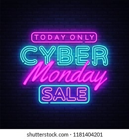 Cyber Monday banner in fashionable neon style, luminous signboard, nightly advertising advertisement of sales rebates of cyber Monday. Vector Illustration