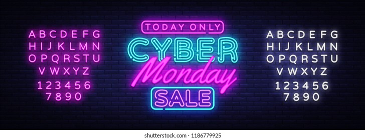 Cyber Monday banner in fashionable neon style, luminous signboard, nightly advertising advertisement of sales rebates of cyber Monday. Vector Illustration. Editing text neon sign