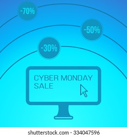 Cyber monday banner with flat laptop and pixelated mouse cursor. Vector illustration