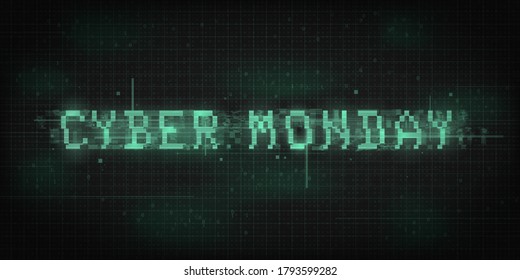 Cyber monday banner. Glitch effect, VHS, retro cyber style, pixel 8 bit typography on dark background with binary code. Design for banner, cover, web. Vector