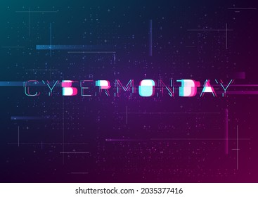 Cyber Monday banner with glitch effect. Title CYBER MONDAY in cyberpunk style with distortion effect on trendy color background with particles and noise. Design for web banner. Vector illustration.