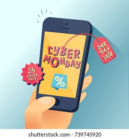 Cyber Monday banner. Hand with smartphone and Cyber Monday title. One day Sale. Vector illustration