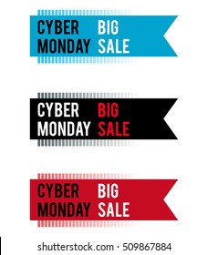 Cyber Monday banner for holiday sales. With a gradient of strips. White and red letters on colored ribbons.