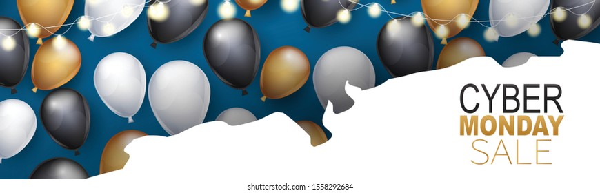 Cyber Monday banner or newsletter header with shiny balloons and glowing lights garland on blue background. Vector illustration.