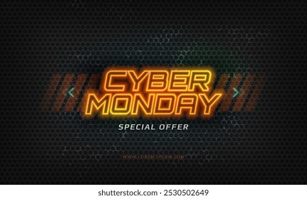 Cyber Monday banner. Promotion sale poster with neon sign on a dark background. Cyberpunk concept. Vector illustration.