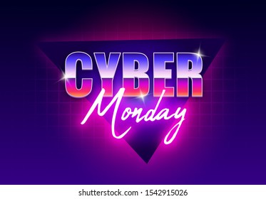 Cyber Monday banner. Retro futuristic cyber Monday. Big discounts neon logo, light banner design, modern design, bright sign Vector illustration