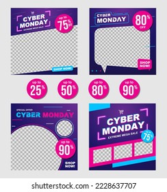 Cyber Monday Banner Set, Sale social media post template for business promotion vector illustration