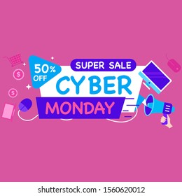 Cyber Monday banner with wired mouse and abstract lines and dots. Flat vector illustration isolated on white background.