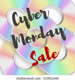 Cyber Monday Banners. Advertising poster dedicated to purchases. Discounts rabid, large discount. Big sale, marketing price tag. Advertising poster with compact discs and inscription.