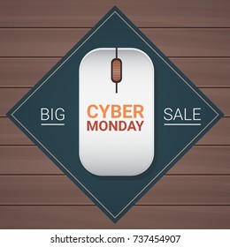 Cyber Monday Big Sale Button On Computer Mouse On Wooden Background, Technology Shopping Discount Concept Vector Illustration