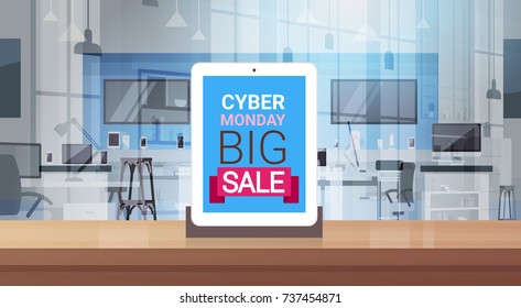 Cyber Monday Big Sale Message On Digital Tablet Screen Over Modern technology Store Background Shopping Banner Design Vector Illustration