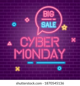 cyber monday and big sale neon design on bricks background, offer ecommerce shopping online theme Vector illustration