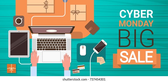 Cyber Monday Big Sale Poster With Hands Typing On Laptop Computer, Online Shopping Banner Angle View Vector Illustration