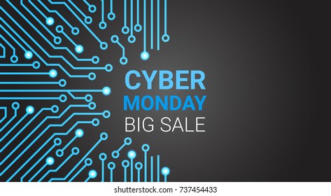 Cyber Monday Big Sale Poster Over Circuit Background, Special Discount For Technology Shopping Concept Vector Illustration