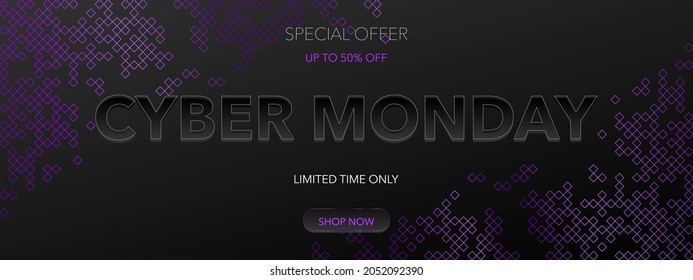 Cyber Monday big sale purple web banner on dark background. Special offer with limited time