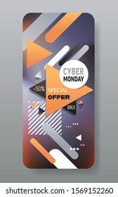 cyber monday big sale sticker advertisement special offer concept holiday shopping discount smartphone screen online mobile app vertical vector illustration