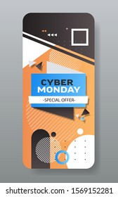 cyber monday big sale sticker advertisement special offer concept holiday shopping discount smartphone screen online mobile app vertical vector illustration