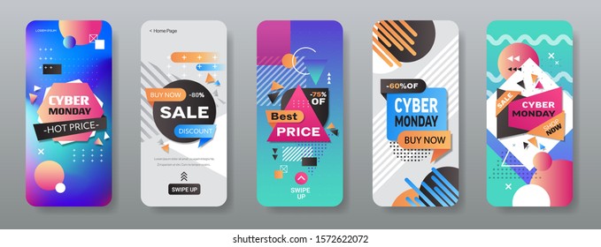 cyber monday big sale stickers set advertisement special offer concept holiday shopping discount smartphone screens collection online mobile app horizontal vector illustration